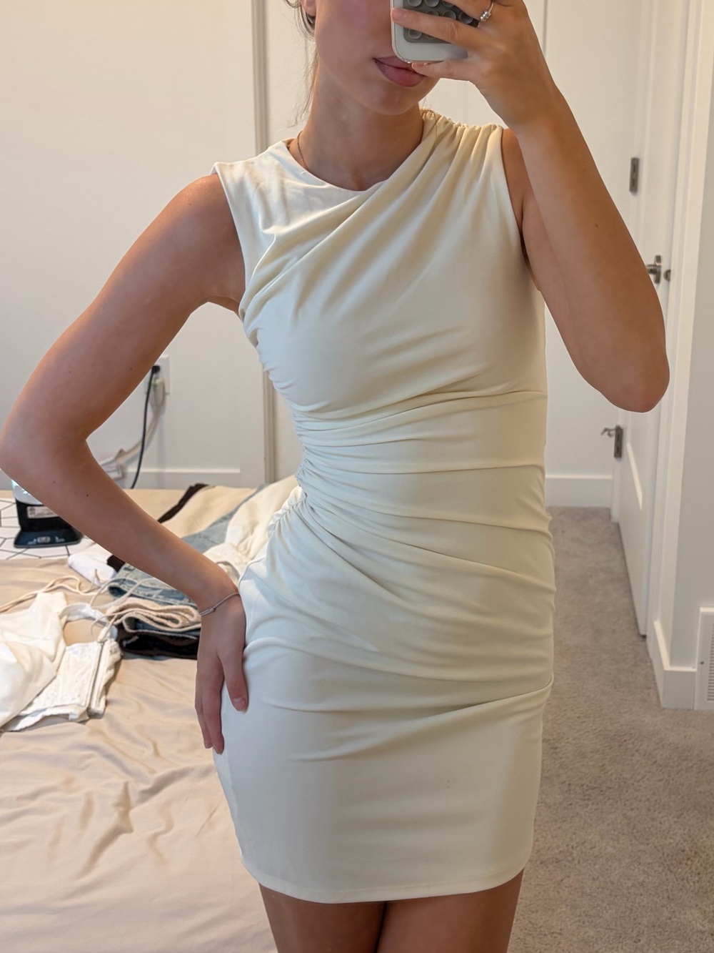 Zara Cream Ruched Asymmetrical Mini Dress Size XS